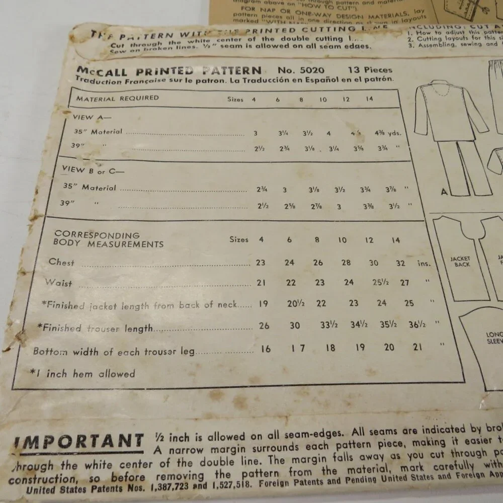 McCalls 5020 Pattern envelope and instructions ONLY Vintage 1940s Boys